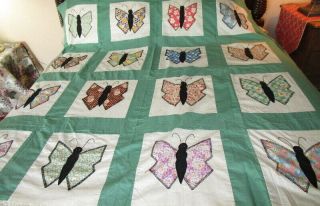 Antique 1930s Embroidered Floral Butterfly Quilt Top Hand Made 64x60