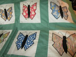 Antique 1930s embroidered FLORAL BUTTERFLY QUILT TOP hand made 64x60 2