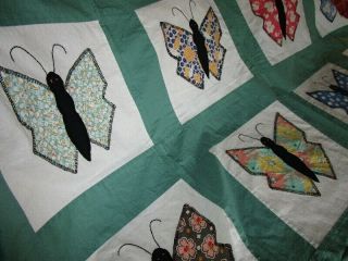 Antique 1930s embroidered FLORAL BUTTERFLY QUILT TOP hand made 64x60 3