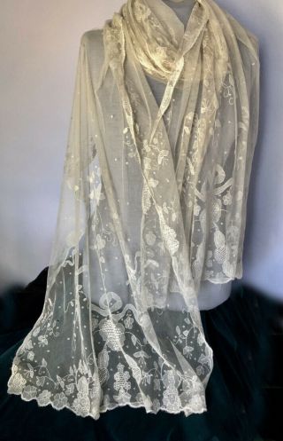 Vintage Long Embroidered Net Stole Or Veil - Beribboned Floral Design Costume
