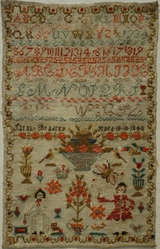 Small Mid 19th Century Figures & Motif Sampler By Sarah Bradley Aged 10 - 1848