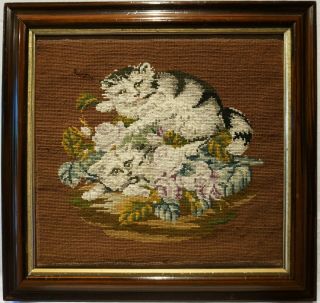 Mid 19th Century Needlepoint Of Two Kittens Playing Amongst Roses - C.  1870