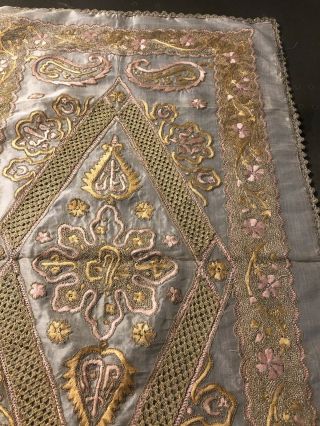 Antique Islamic Ottoman Turkish Gold Metallic Thread Embroidery on Linen Cloth 3