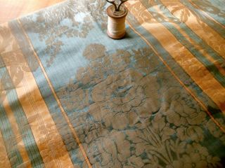 Antique French Silk Cotton Or Blend Floral Scroll Damask Fabric Slate Blue Gold