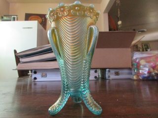 Vintage Northwood Carnival Greenish Blue Vase 6 1/4 In High
