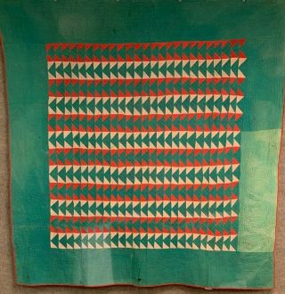 Early c 1870 - 80s Flying Geese QUILT Antique Mennonite Wools Red Green Challis 2