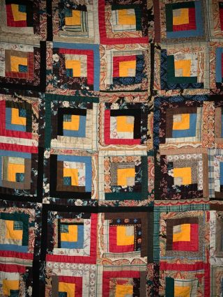 Antique C1880 Log Cabin Quilt 78 " Sq Hand Stitched,  Quilted Wonderful Backing