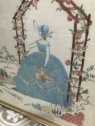 1940s Vintage Embroidered Picture Crinoline Lady In A Garden Framed GC 2