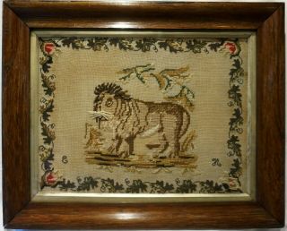Mid/late 19th Century Needlepoint Of A Lion Initialled Eh - C.  1870