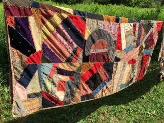 Antique / Vintage Wool Silk Velvet Crazy Quilt Feather Stitching Tied