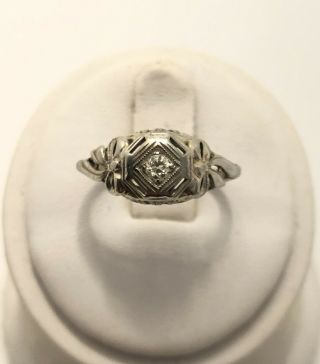 Antique 14k White Gold Art Deco Filigree Diamond Solitaire Bow Ring
