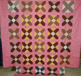 Antique Tied Quilt With Corner Cutouts,  Old Italian Block Pattern Quilt Inside?