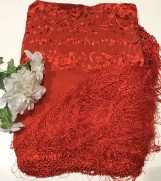 Antique Silk Piano Shawl Heavily Embroidered Red Chinese Long Fringe Roses