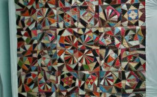 Antique All Silk Victorian Crazy Quilt Top Only,  57” X 57 ",  Jewel Tones
