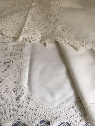 Vintage,  White Linen Table Cloth With Hand Crocheted Edge & Insertion 66 " X 66 "