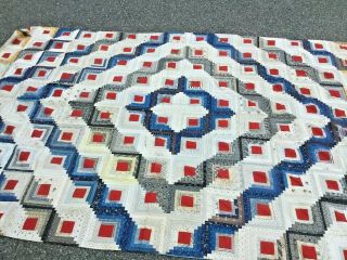 Antique England 19th Century Red Blue Log Cabin Quilt 68 X 102 Inches