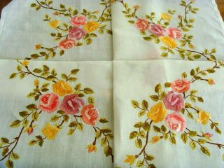 Vintage Hand Embroidered Linen Tablecloth Gorgeous Pink And Golden Roses & Buds