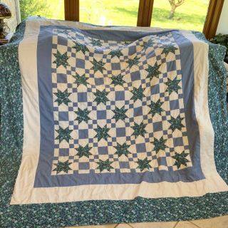 Vintage Handmade Ohio Star Quilt Blue And White 90” By 104”
