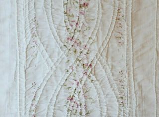 Vintage Quilt - Antique White with Pink Green Floral Lace Trim - So Charming 2