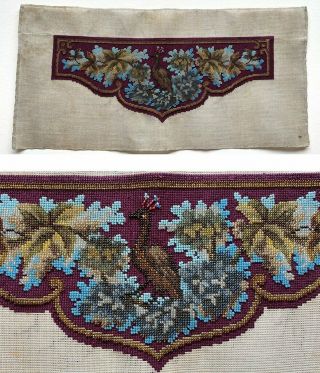 Antique Victorian Beadwork Needlepoint Panel,  Pelmet W Peacock Make A Pillow