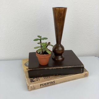 Vintage Dark Wood Candle Stick Holder Mid Century Modern Geometric