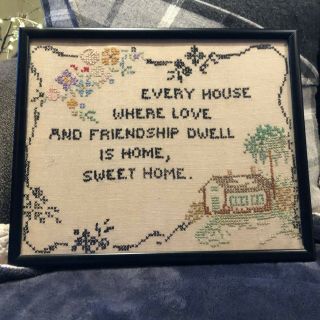 Antique Cross Stitch Embroidery Framed Sampler Home Sweet Home