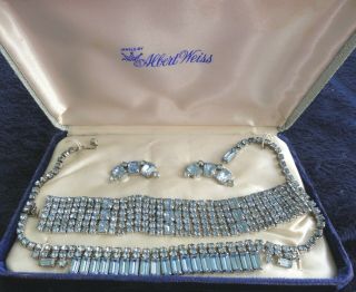 Vtg Weiss Rhinestone Necklace Bracelet Earrings Demi Parure Blue W/box