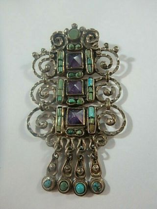 Vtg 925 Sterling Turquoise & Amethyst Dangle Brooch - Matl - Mexico