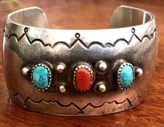 Vintage Sterling Silver Navajo Turquoise Coral Cuff Bracelet " Signed C.  R.  M.  "