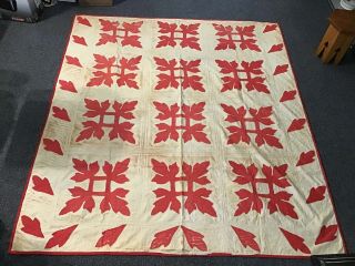 Antique Red And White Hand Stitched 85” By 74” Cutout Applique Quilt Needs Love