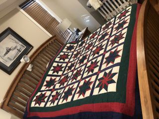 Vintage Quilt Hand Made 82x82 Star Pattern Colors Green Navy Brick Red And Tan