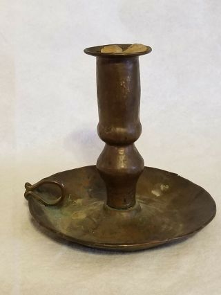 Antique Old Copper Candlestick Holder For Taper With Finger Loop