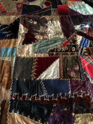 Antique Velvet & Silk Crazy Quilt 45 by 78 Great Embroidery 2