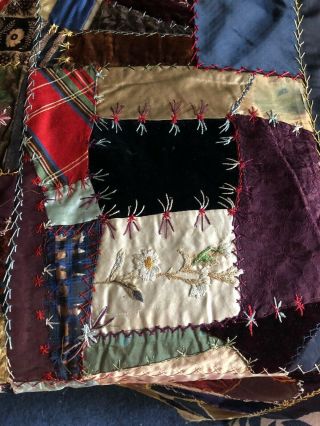 Antique Velvet & Silk Crazy Quilt 45 by 78 Great Embroidery 3