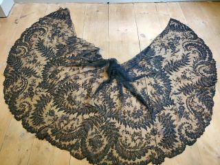 Antique Victorian Chantilly Black Silk Lace Fabric Scalloped Net Bobbin French