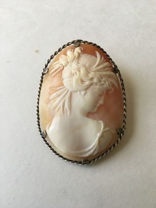 Vintage Large Shell Cameo Pin Brooch Rope Frame 18k Gold Marked 750 2”x 1 1/2”