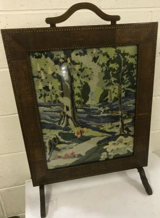 Antique Victorian Woodland Science Tapestry Fire Screen Inlaid Wood Surround
