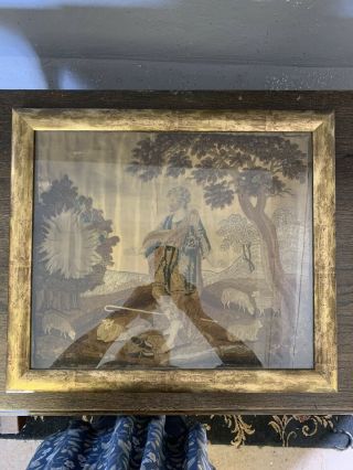 Antique Early 19th Century Silk Framed Picture Of Moses And The Burning Bush