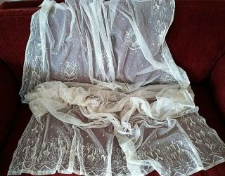 Antique Hand Made Limerick Embroidered Net Lace Curtain Bed Cover 56 " X 86 "