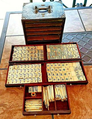 Vintage 144 Bone & Bamboo Tiles Mahjong - Maj Jong Set In Puzzle Box