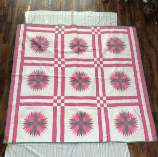 70x76 " Handmade Mariners Compass Quilt In Teal Green & Pink Of Pre - Wwii Illinois