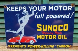 Large Vintage Mercury Made Sunoco Motor Oil Porcelain Enamel Gas Sign