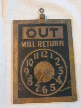 Vintage Brass Double Sided Sign - Out Will Return At: Clock And In On Reverse