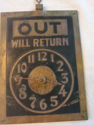 VINTAGE BRASS DOUBLE SIDED SIGN - OUT WILL RETURN AT: CLOCK AND IN ON REVERSE 2