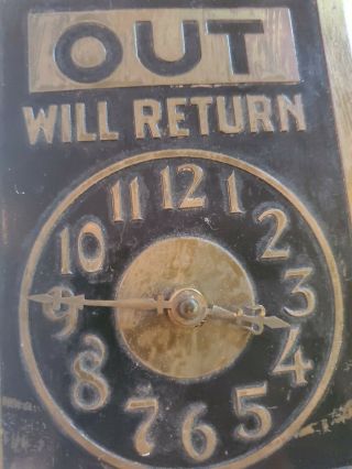 VINTAGE BRASS DOUBLE SIDED SIGN - OUT WILL RETURN AT: CLOCK AND IN ON REVERSE 3