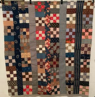 Vintage Cotton Fabric Late 1800s/early 1900s 9 - Patch Quilt Top 58 " X62 "