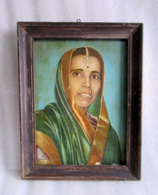 Vintage Portrait Oil Painting Of Indian Tribal Tradition Woman By Local Folk Art