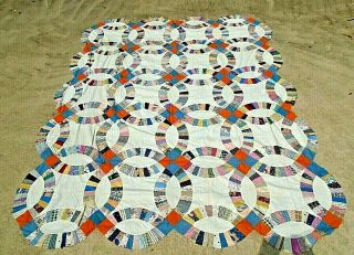 Charming Vintage Quilt Topper Handmade Double Wedding Ring 70 " X 90 "