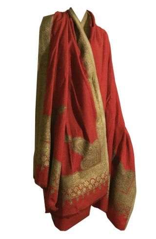 Antique 1920s Persian Wrap Shawl Red Wool Metallic Gold Hand Embroidered