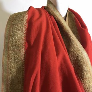 Antique 1920s Persian Wrap Shawl Red Wool Metallic Gold Hand Embroidered 3